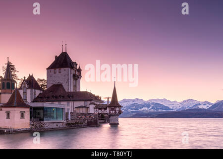 Sonnenaufgang auf der Burg von Oberhofen am Thunersee mit dem verschneiten Berner Alpen, Kanton Bern, Schweiz, Europa Stockfoto