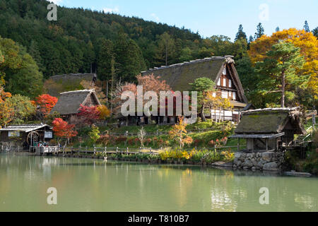 Herbst Laub und traditionellen strohgedeckten Gebäuden rund um den See im Hida Folk Village, Hida keine Sato, Takayama, Honshu, Japan, Asien Stockfoto