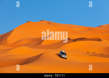 Geländewagen fahren auf Sand, Dünen, Erg Chebbi, Sahara, Süden von Marokko, Marokko, Nordafrika, Afrika Stockfoto