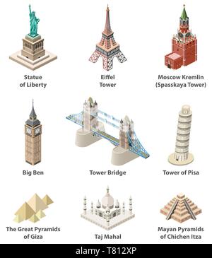 Berühmte Sehenswürdigkeiten Vektor isometrische hoch detaillierte isoliert Symbole Stock Vektor
