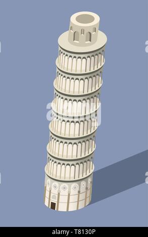 Vector 3d-isometrische Symbol von Pisa Tower mit Flat Style farbigen Hintergrund und Schatten Stock Vektor