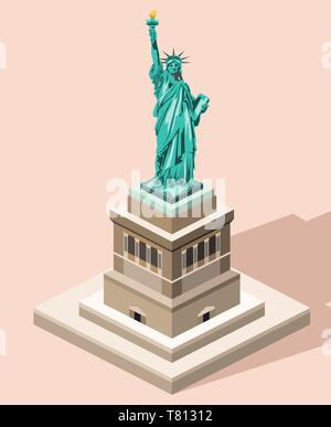 Vector 3d-isometrische Symbol der Freiheitsstatue mit Flat Style farbigen Hintergrund und Schatten Stock Vektor