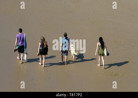 Zwei junge Paare zu Fuß am Strand mit Hund, Menschen, Freunde, Durban, KwaZulu-Natal, Südafrika, im Freien, Freizeit, Männer, Frauen Stockfoto