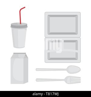 Satz von Plastikbechern mit Teller und Löffel mit Gabel Stock Vektor