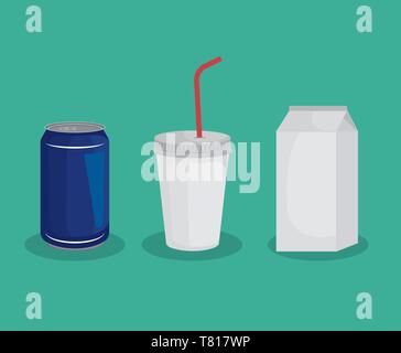 Satz kann mit Schale aus Kunststoff und Milch, Stock Vektor