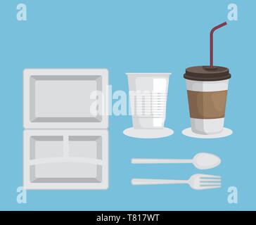 Set aus Kunststoff Platte mit Tassen und Löffel mit Gabel auf blauem Hintergrund Stock Vektor