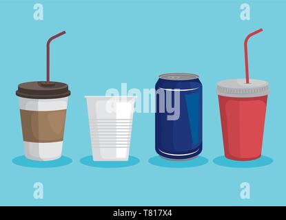 Eingestellt von toxischen Plastikbecher mit können, dass Ökologie Umweltverschmutzung Stock Vektor