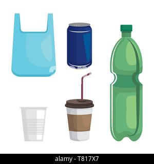 Der Plastikbeutel mit Tassen und Flaschen auf weißem Hintergrund Stock Vektor