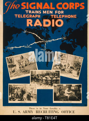 Das Signal Corps Züge Männer für Telegraph, Telefon, Radio gibt es in Ihrer Nähe ein U.S. Army Recruiting Office. Us Army Signal Corps recruiting Poster, eine Karte der Welt mit Kommunikation und Ansichten von Klassenzimmern, Büros, Werkstätten und Feld Anweisung. 1919 Stockfoto