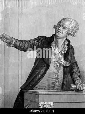 Gravur von Georges Jacques Danton (1759 â € "1794), führende Persönlichkeit in der frühen Phase der Französischen Revolution, amd der erste Präsident des Ausschusses der öffentlichen Sicherheit. Er war durch die Guillotine hingerichtet Nach den Vorwuerfen der Nachsicht gegenüber den Feinden der Revolution. Stockfoto