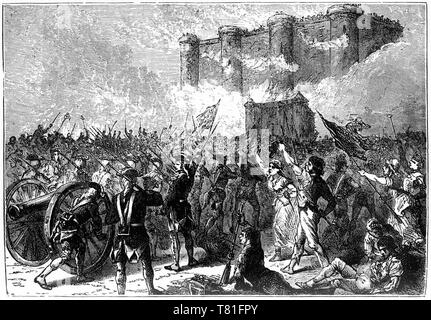 Gravur von einem Mob Erstürmung der Bastille in Paris in der frühen Phase der Französischen Revolution. Stockfoto