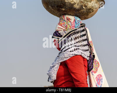 Sambhar, Indien - Februar 04, 2019: Portrait der indischen Frau, die Becken mit Salz auf ihren Kopf auf Sambhar Salt Lake. Rajasthan Stockfoto