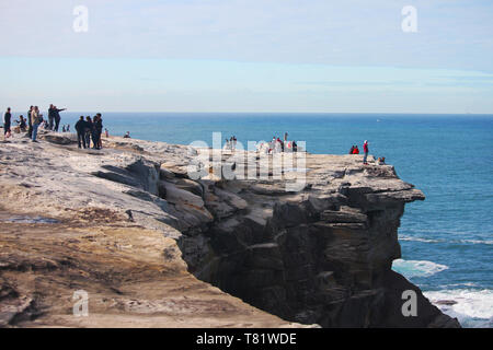 Whale watching Menschenmenge auf Klippe nach oben zeigend Stockfoto