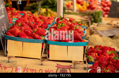 Frische Produkte auf einem Bauernmarkt in der Stadt Uzès im Süden von Frankreich. Wir sehen regionale Produkte von Oliven, Früchte, Nüsse Gemüse Stockfoto