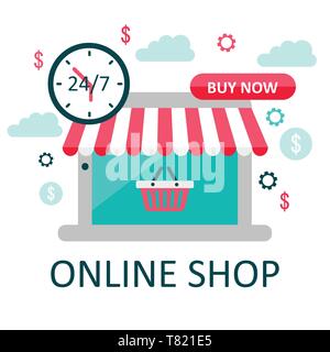 Online Store Konzept auf dem Laptop Bildschirm mit gestreiften Farben Markise Stock Vektor