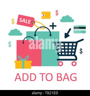 Warenkorb Vektor shop Schubkarre trolley Shopper oder Carter mit Warenkorb leeren und Tasche kaufen im Store Abbildung isoliert auf weißem Stock Vektor