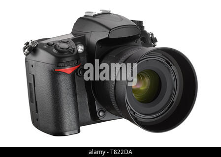 Schwarz Digitalkamera auf weißem Hintergrund mit Freistellungspfad isoliert Stockfoto