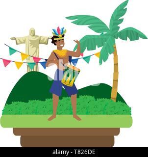 Mann feiern Brasilien Karneval mit Trommel auf Landschaft mit Wimpel und Christus Erlöser Vektor-illustration bearbeitbar Stock Vektor