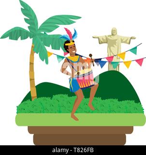 Mann feiern Brasilien Karneval mit Trommel auf Landschaft mit Wimpel und Christus Erlöser Vektor-illustration bearbeitbar Stock Vektor