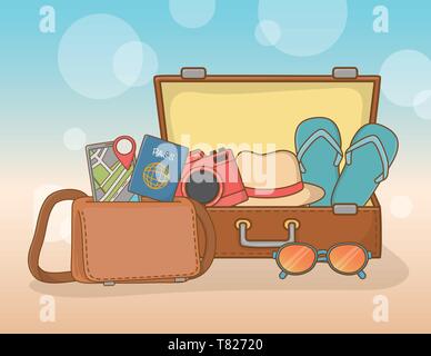 Koffer Tasche mit Reisen Ferien reihen Vektor illustration Design Stock Vektor