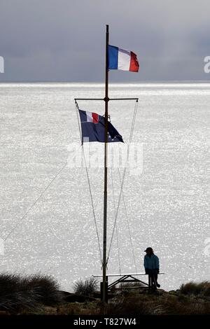 Frankreich, Französische Süd- und Antarktisgebiete (Taaf), Amsterdam, die permanente Station Martin de Vivies, Flagge an einem Mast am Meer. Stockfoto