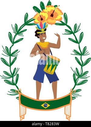 Mann mit Drum feiern Brasilien Karneval auf lorbeerkranz mit Blumen und Flagge Vektor-illustration bearbeitbar Stock Vektor