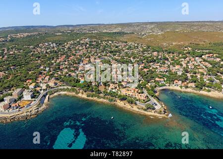 Frankreich, Bouches-du-Rhone, die blaue Küste, Sausset-les-Pins, Anse du Petit Rouveau und Grand Rouveau auf der rechten (Luftbild) Stockfoto