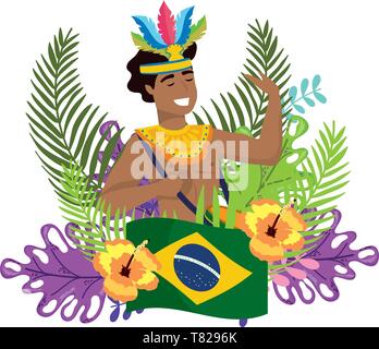 Mann mit Drum feiern Brasilien Karneval zwischen Blätter Blumen und Flagge Vektor-illustration bearbeitbar Stock Vektor