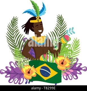 Mann mit Maracas feiern Brasilien Karneval zwischen Blumen und Flagge Vektor-illustration editierbar blättern Stock Vektor