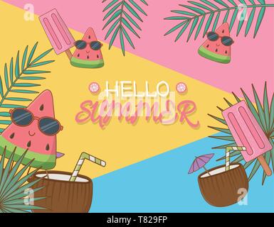 Hallo Sommer Poster mit Kokosnuss cocktails Vector Illustration Design Stock Vektor