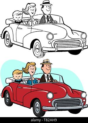 Eine Familie geht für ein Laufwerk in ihren roten Cabrio Sportwagen. Stock Vektor