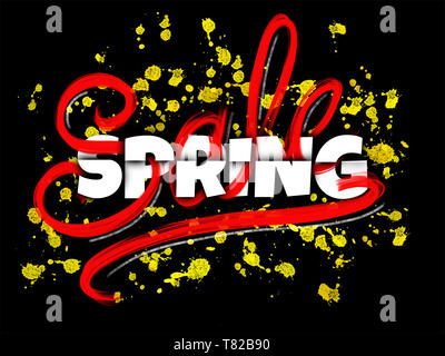 Frühling Verkauf Zeichen mit Typografie, Schrift und glühenden Tinte Flecken auf schwarzem Hintergrund Stockfoto