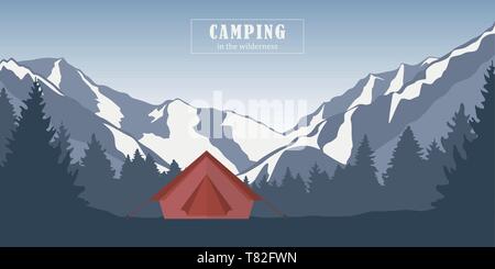 Camping Abenteuer in der Wildnis rote Zelt im Wald an verschneiten Berglandschaft Vektor-illustration EPS 10. Stock Vektor