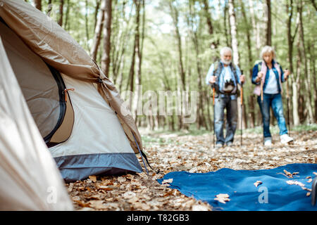 Senior Paar in der Nähe des Campingplatz im Wald. Zelt im Fokus. Konzept eines aktiven Lebensstils auf Ruhestand Stockfoto