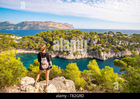 Frankreich, Bouches-du-Rhone, Cassis, die Bucht von Port Pin und Cap Canaille im Hintergrund, Nationalpark Calanques Stockfoto