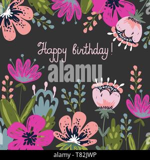 Grußkarte "Happy Birthday". Hand Zeichenpinsel Bild. Blüten und Blätter auf einem dunklen Hintergrund. Vektor Stock Vektor