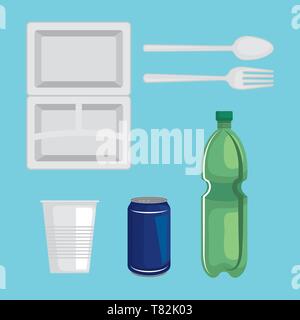 Eingestellt von toxischen Kunststoff Platte mit Flaschen und Becher Abfall Stock Vektor
