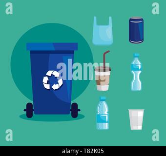 Satz recyceln Korb mit Kunststoff Flaschen und Becher Stock Vektor