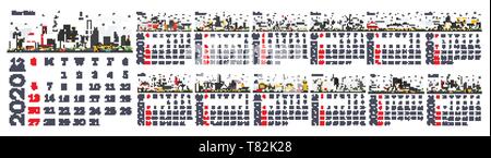 2020 Monatskalender mit Skylines. Vector Illustration. Vorlage für Drucken. Tokio. Moskau. Berlin. New York. Paris. Woche beginnt ab Sonntag. Stock Vektor