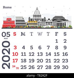 Mai 2020 Vorlage Kalender mit Rom die Skyline der Stadt. Vector Illustration. Vorlage für Drucken. Woche beginnt ab Sonntag. Stock Vektor