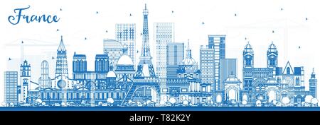 Übersicht Frankreich Skyline der Stadt mit blauen Gebäude. Vector Illustration. Tourismus Konzept mit historischer Architektur. Frankreich Stadtbild mit Sehenswürdigkeiten. Stock Vektor