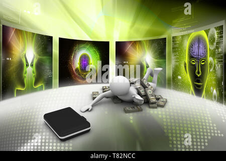 3d Mann mit Geld und Aktenkoffer Stockfoto