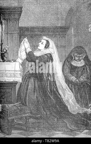 Maria Stuart, Königin von Schottland gefangen Betet das Kruzifix, während eine Hofdame sagt, daß der Rosenkranz Stockfoto
