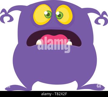 Wütend Cartoon Monster mit einem grossen Lächeln. Vektor Halloween lila Monster Abbildung. Design für Kinder buchen, Aufkleber, Drucken oder Party Dekoration Stock Vektor