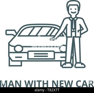 Mann mit neuen Auto, Auto vektor Symbol Leitung, lineare Konzept erläutern, Zeichen, Symbol Stock Vektor