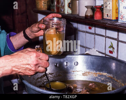 Vorbereitung, in der Heimat, Ente Fleisch für die Herstellung von Confit de Canard. Eine Spezialität Essen aus dem Südwesten Frankreichs. Stockfoto