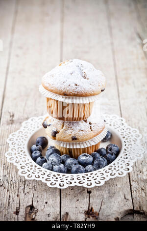 Zwei hausgemachte frische Muffins mit Zucker Pulver und Heidelbeeren auf weiße Platte auf rustikalen Holztisch Hintergrund. Stockfoto