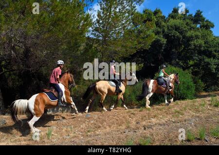 Frankreich, Var, Roquebrune-sur-Bereich neben Saint Raphael, Reiter Trekking im Massif de l'Esterel (Esterel Massif) Stockfoto