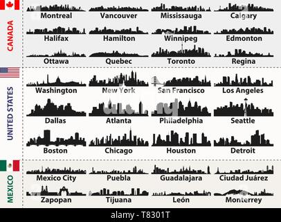 Kanada, USA und Mexiko Städte Skylines Silhouetten Stock Vektor