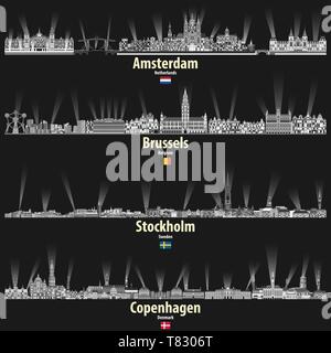 Vektor Städte Skylines von Amsterdam, Brüssel, Stockholm und Kopenhagen Stock Vektor